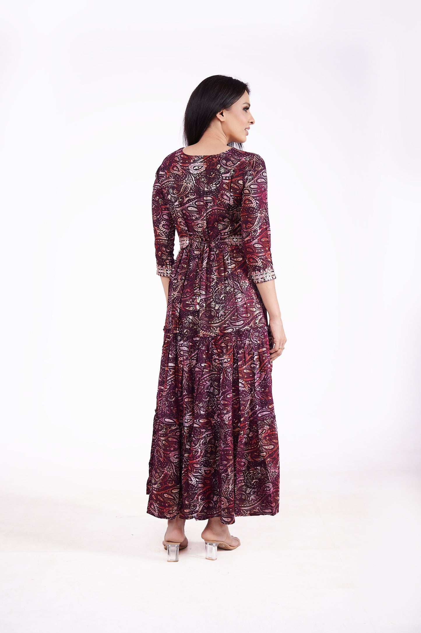 Rayon Pasley Printed Neck Embroidered Ethnic Dress