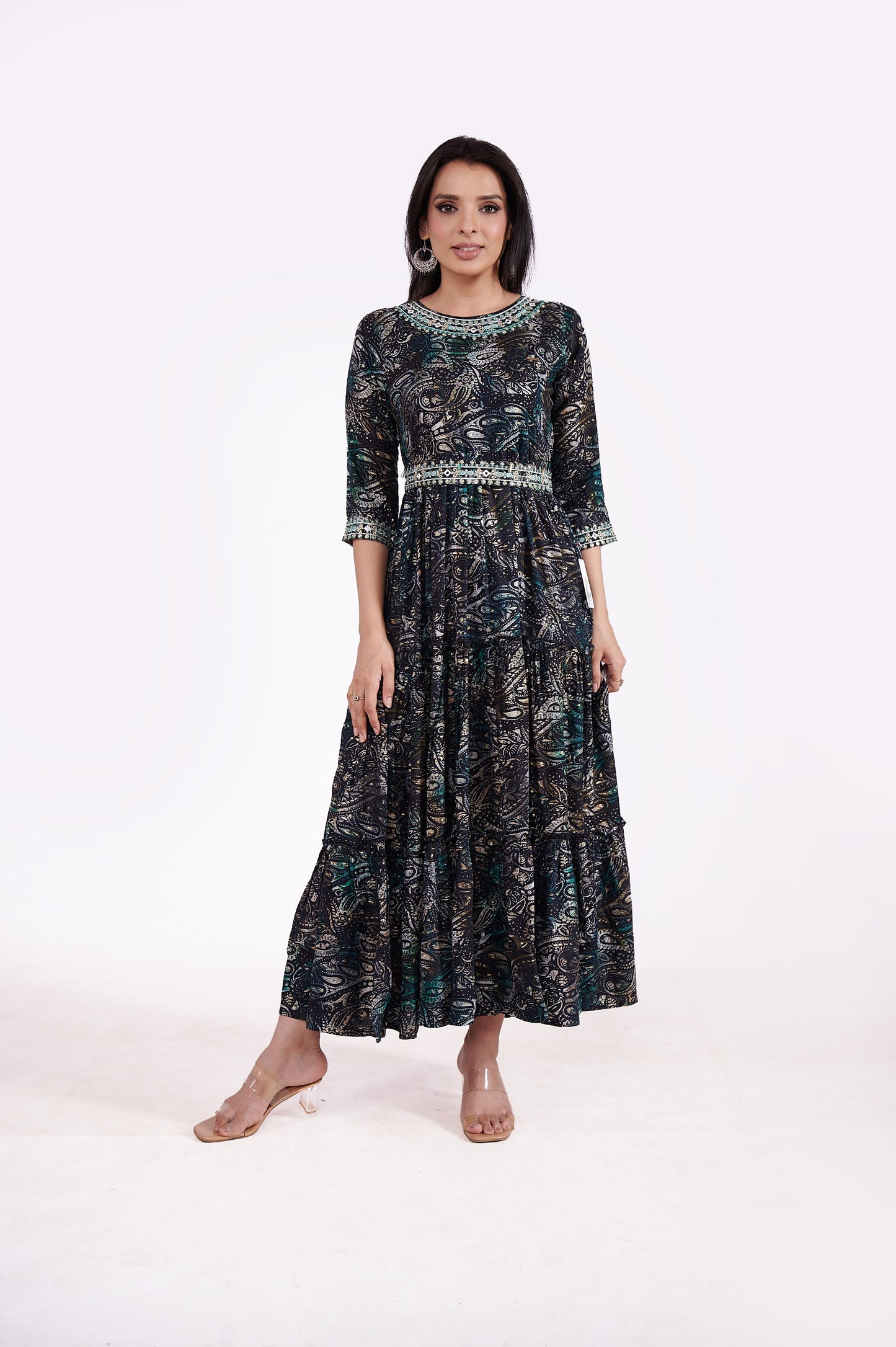 Rayon Pasley Printed Neck Embroidered Ethnic Dress