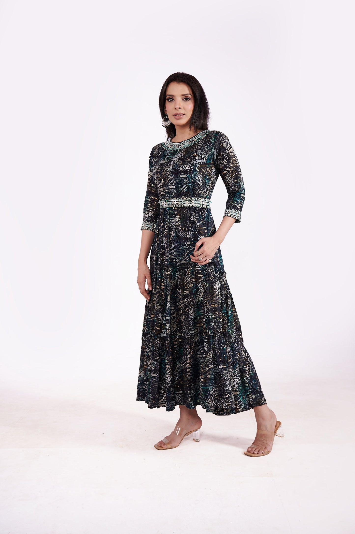 Rayon Pasley Printed Neck Embroidered Ethnic Dress