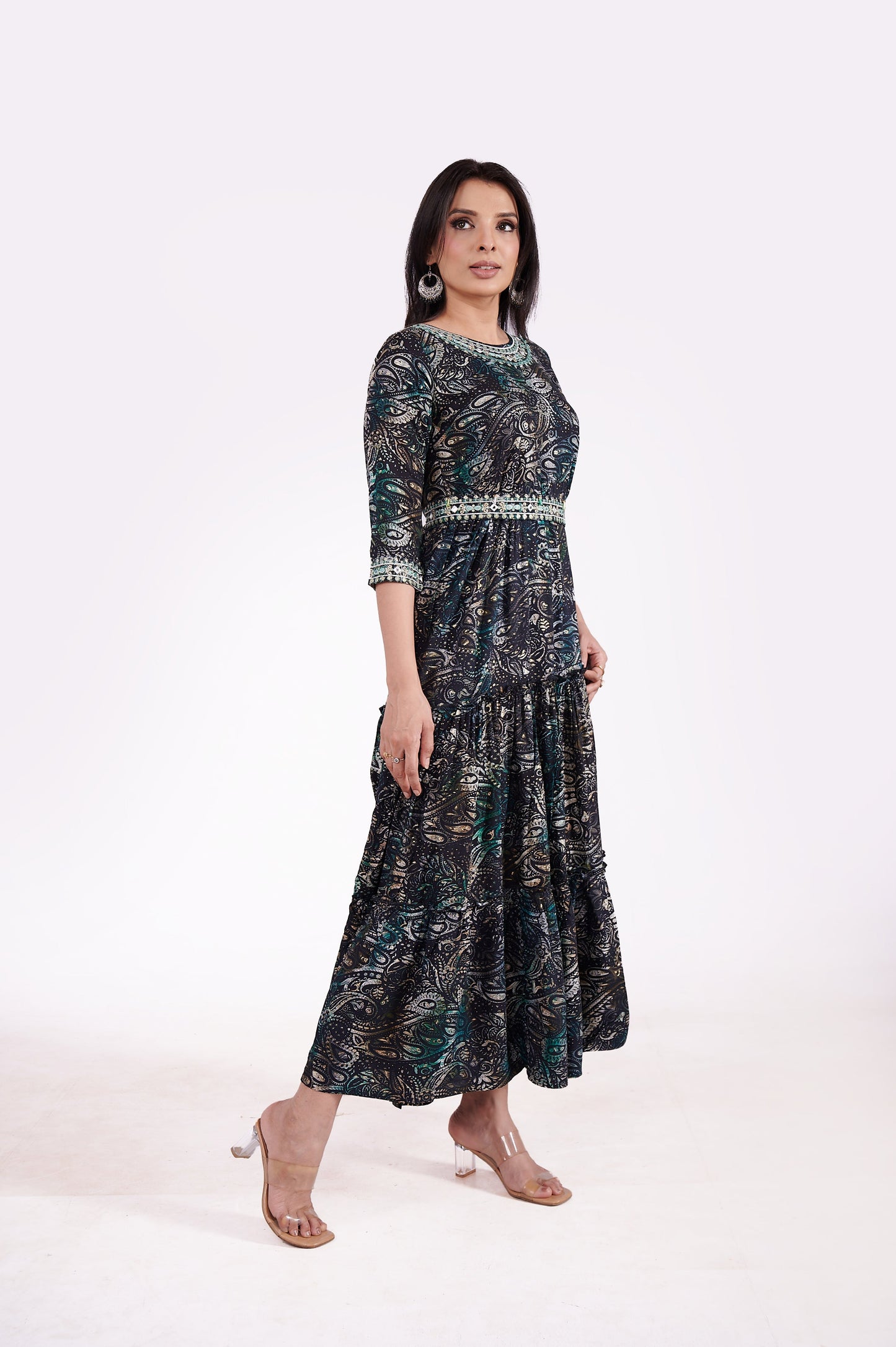 Rayon Pasley Printed Neck Embroidered Ethnic Dress