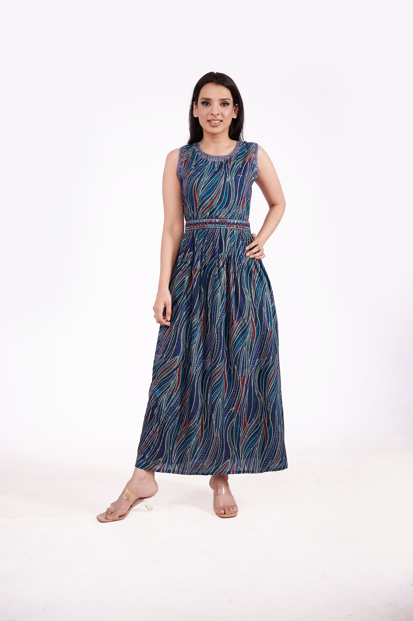 Rayon Sleeveless foil print ethnic dress