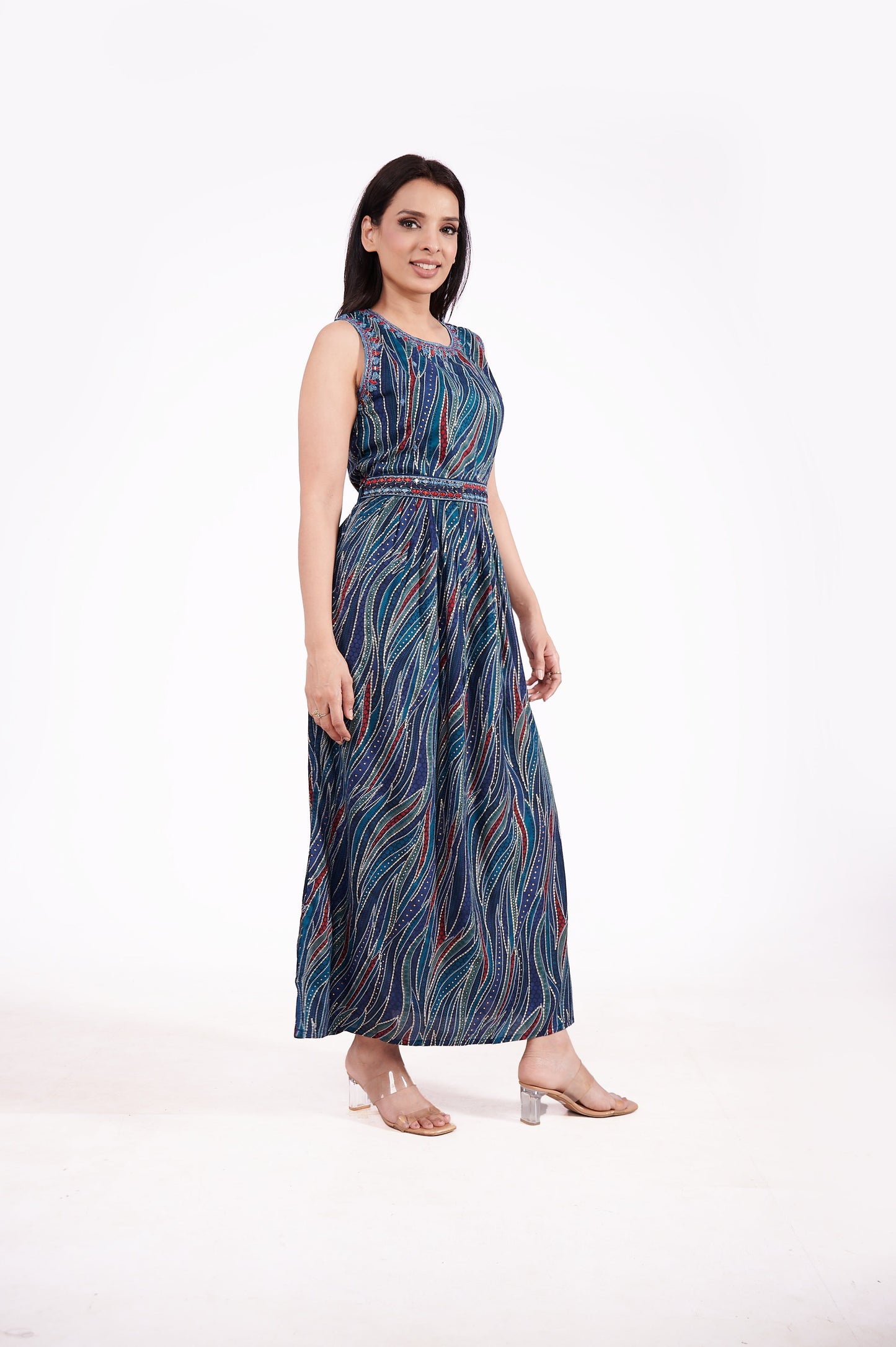 Rayon Sleeveless foil print ethnic dress