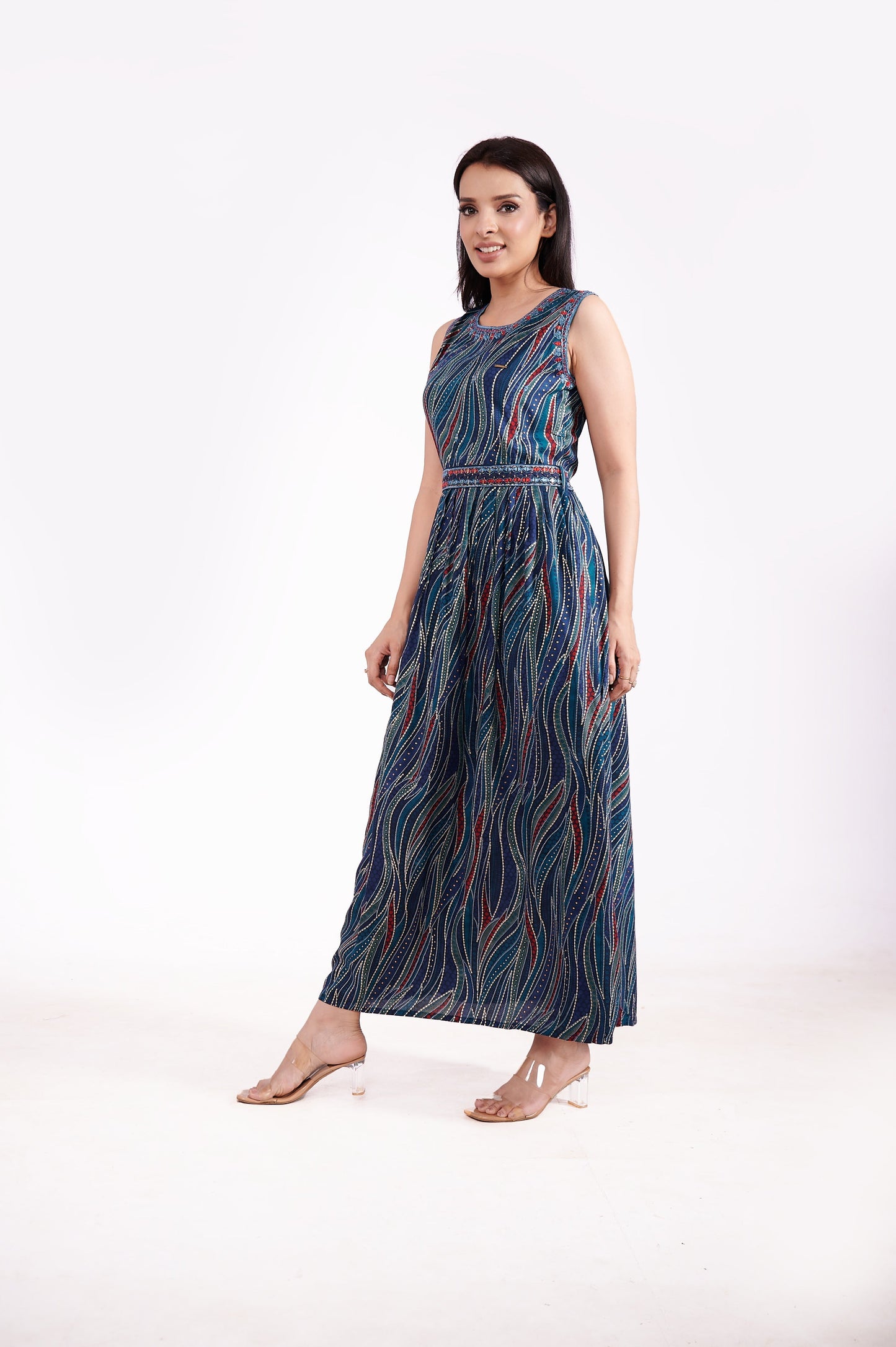 Rayon Sleeveless foil print ethnic dress