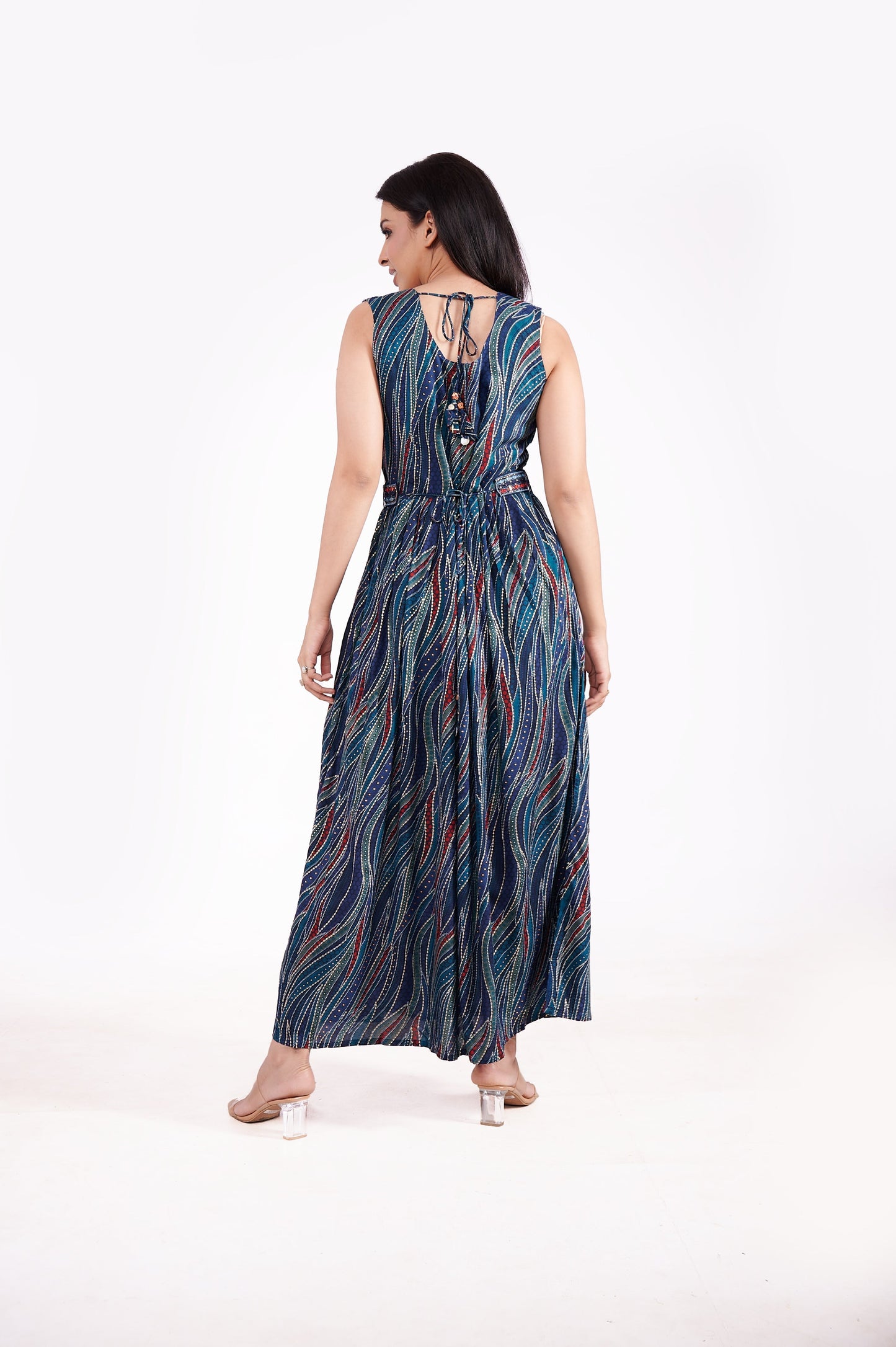 Rayon Sleeveless foil print ethnic dress