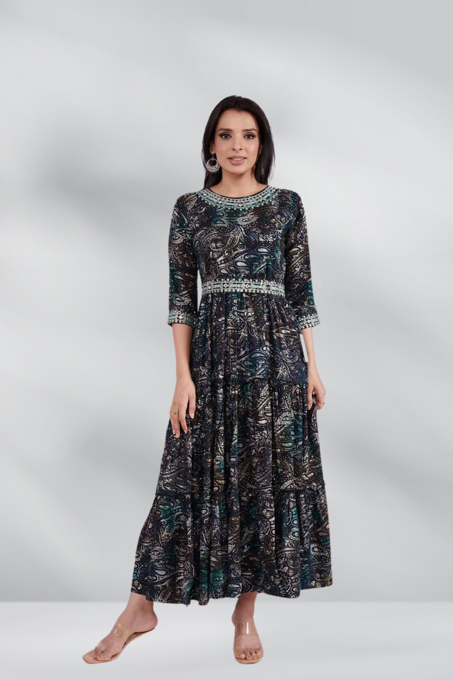 Rayon Pasley Printed Neck Embroidered Ethnic Dress