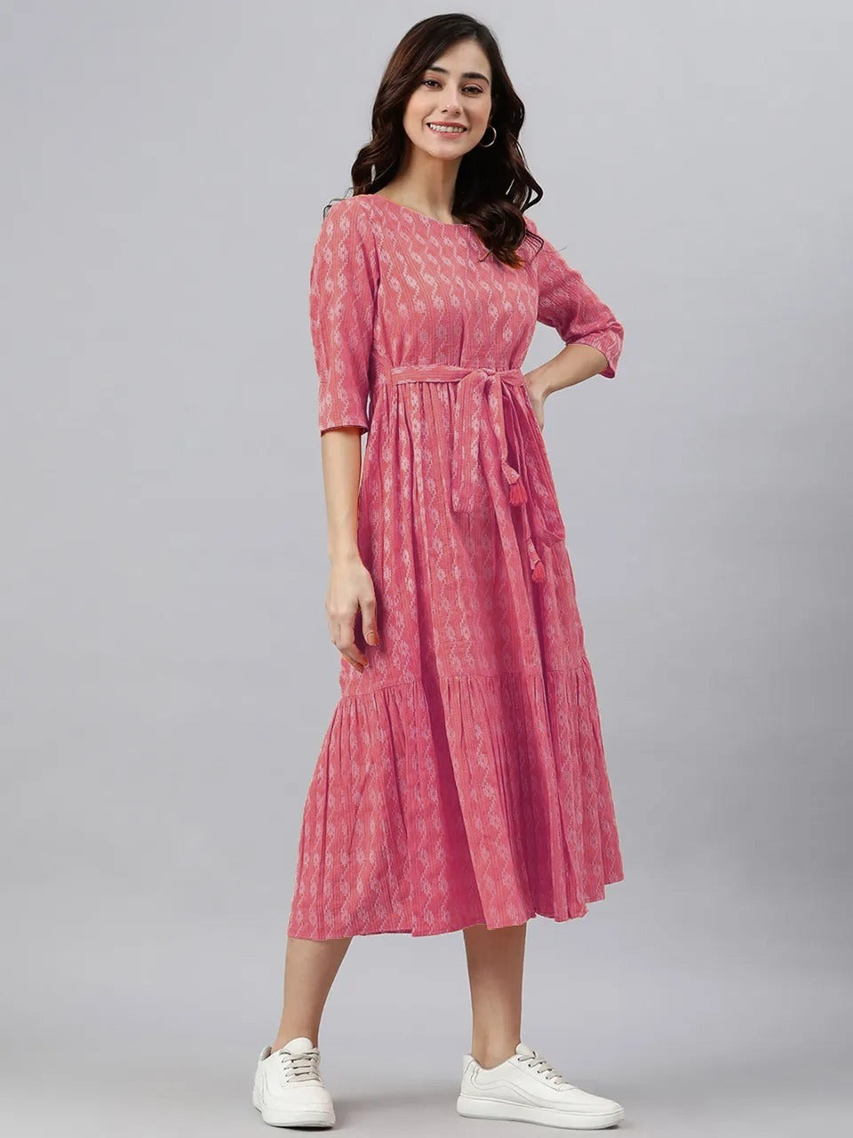 Peach Cotton Printed Dress For Women With Dori Belt