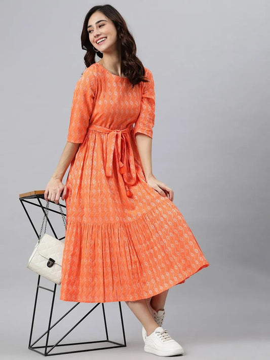 Orange Cotton Printed Dress For Women With Dori Belt