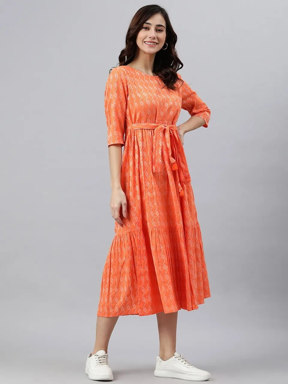 Orange Cotton Printed Dress For Women With Dori Belt