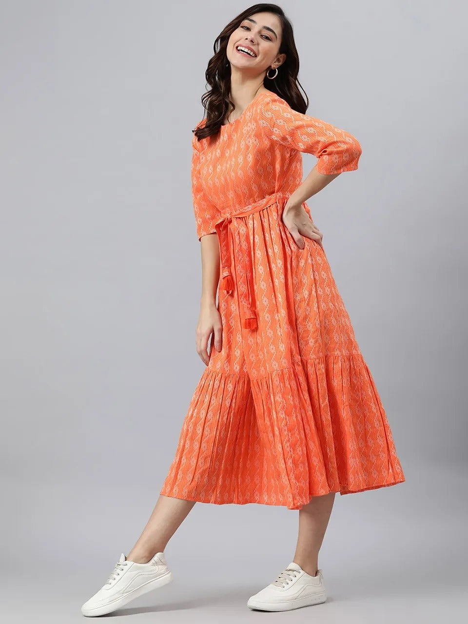 Orange Cotton Printed Dress For Women With Dori Belt