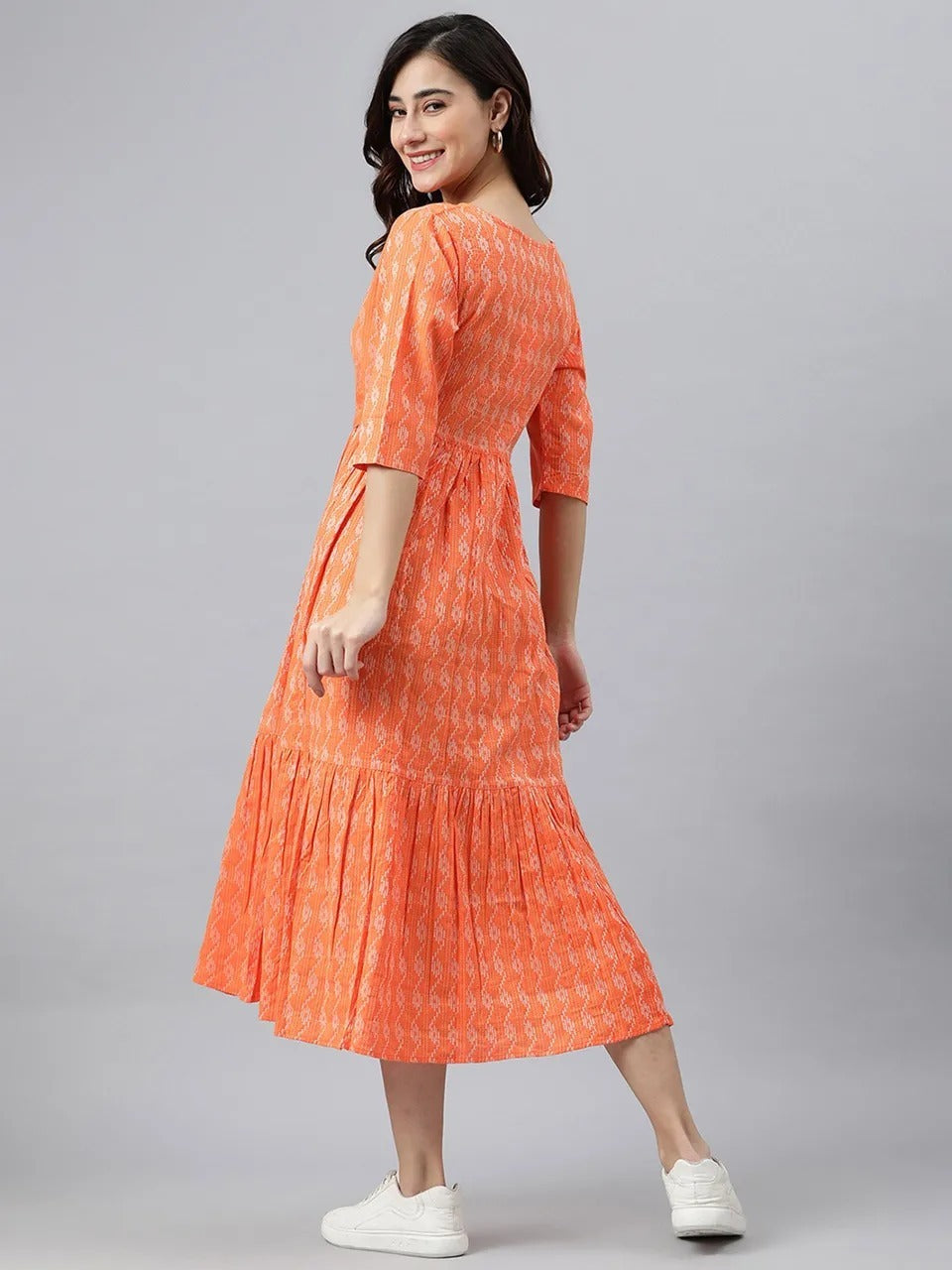 Orange Cotton Printed Dress For Women With Dori Belt