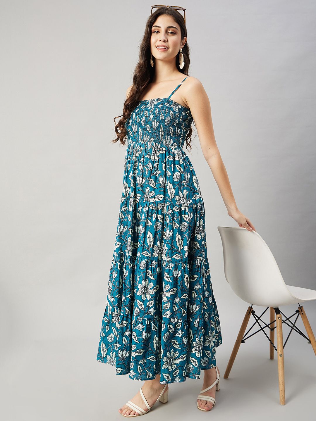 Sea Green Jaal Printed Cotton Bobin Elastic At Front Midi Dress