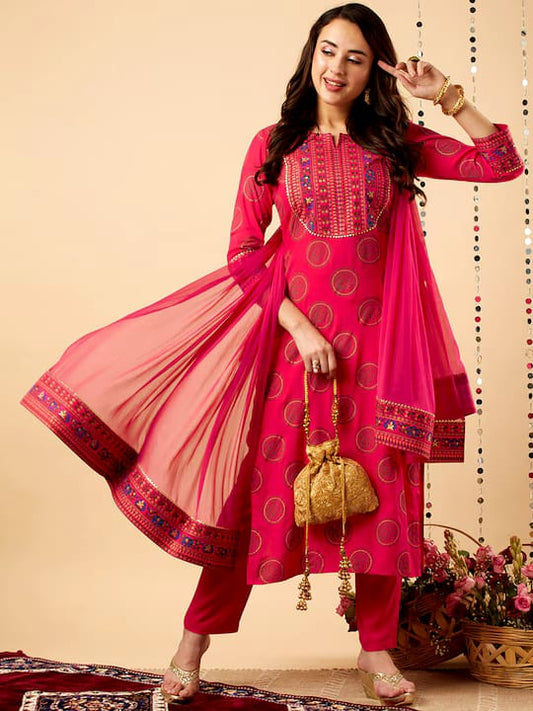 Pink Printed Kurta Pant Set With Dupatta