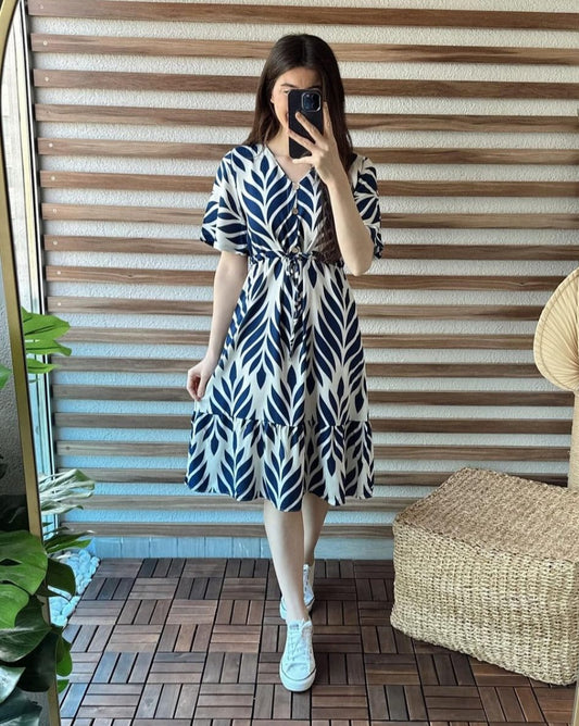 White Blue Leaf Printed Cotton Knee Length Dress