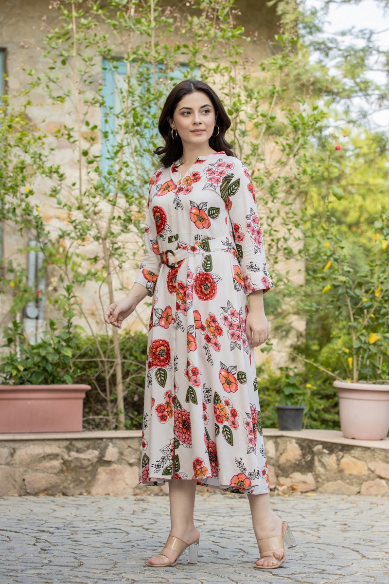 FLORAL PRINT A-LINE MIDI DRESS WITH WAIST BELT