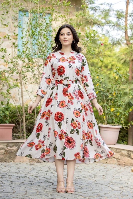 FLORAL PRINT A-LINE MIDI DRESS WITH WAIST BELT