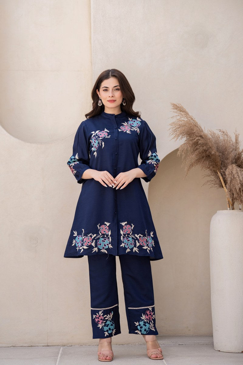 NAVY BLUE EMBROIDERED BAND COLLAR PURE SILK TOP WITH TROUSER