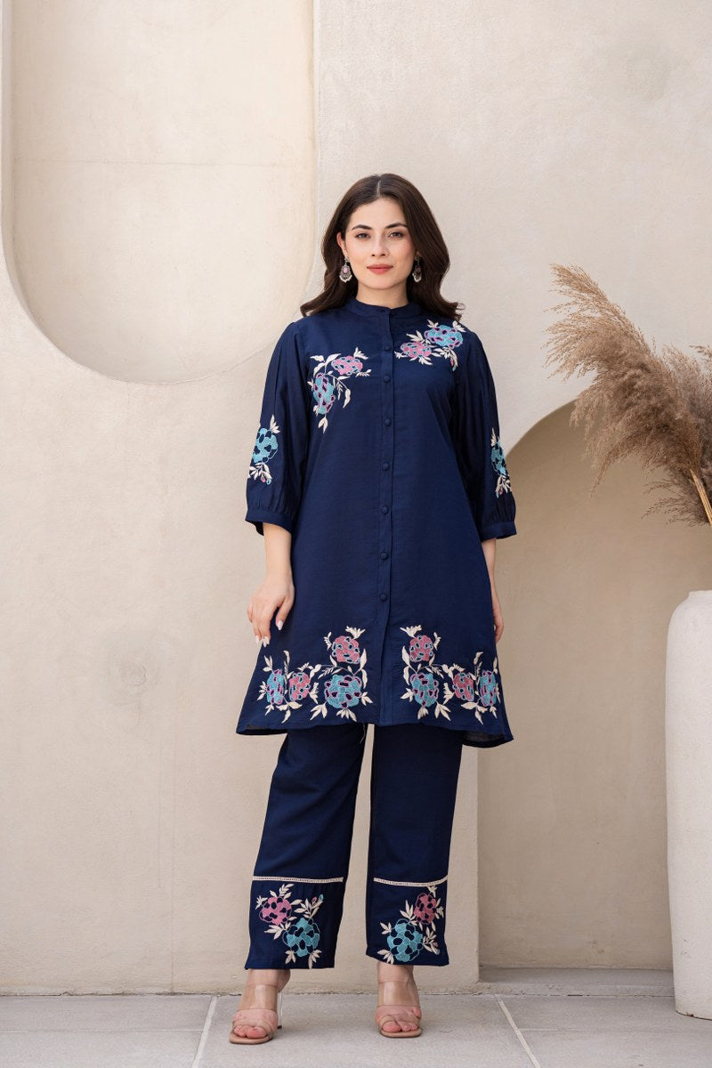 NAVY BLUE EMBROIDERED BAND COLLAR PURE SILK TOP WITH TROUSER