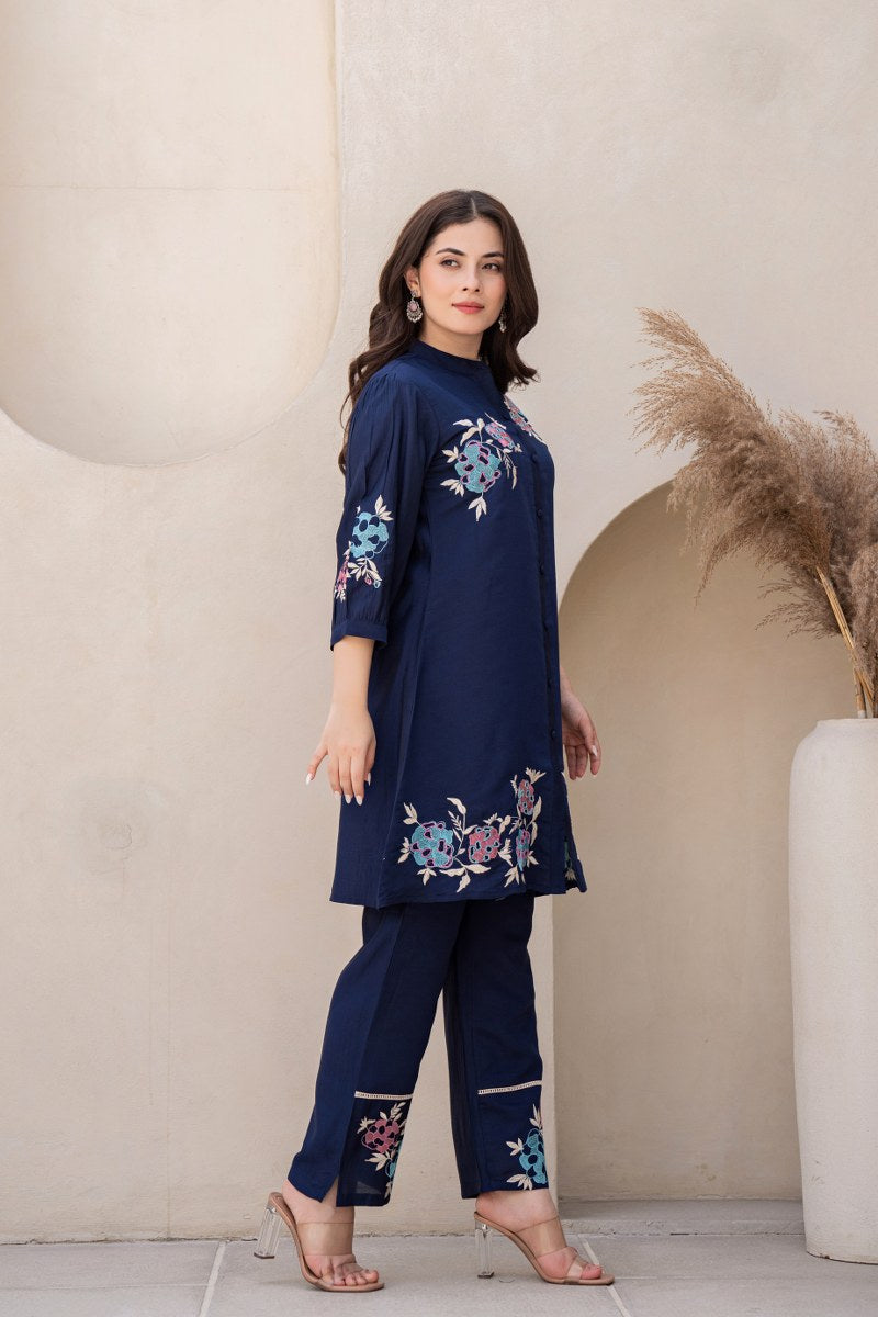 NAVY BLUE EMBROIDERED BAND COLLAR PURE SILK TOP WITH TROUSER