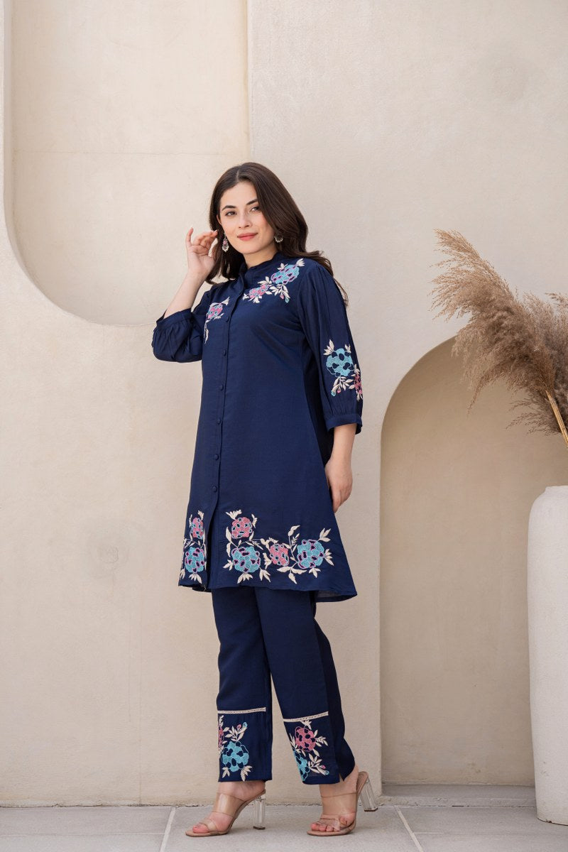 NAVY BLUE EMBROIDERED BAND COLLAR PURE SILK TOP WITH TROUSER