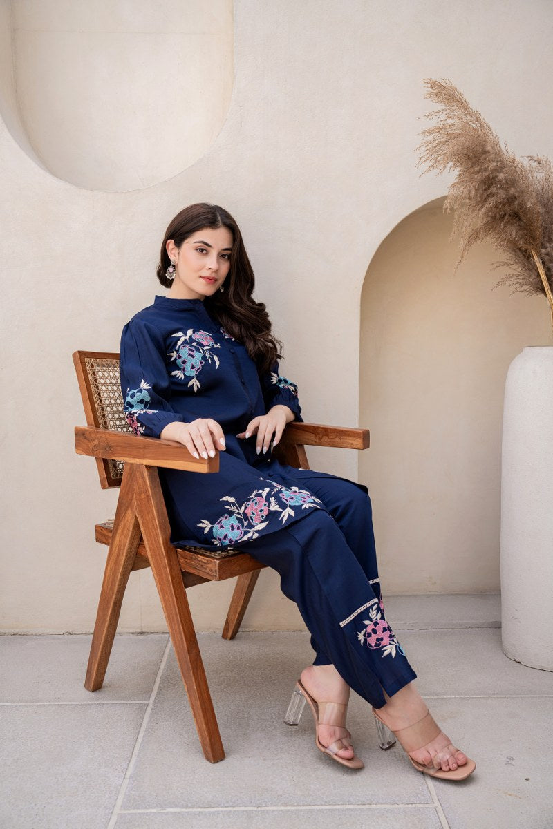 NAVY BLUE EMBROIDERED BAND COLLAR PURE SILK TOP WITH TROUSER