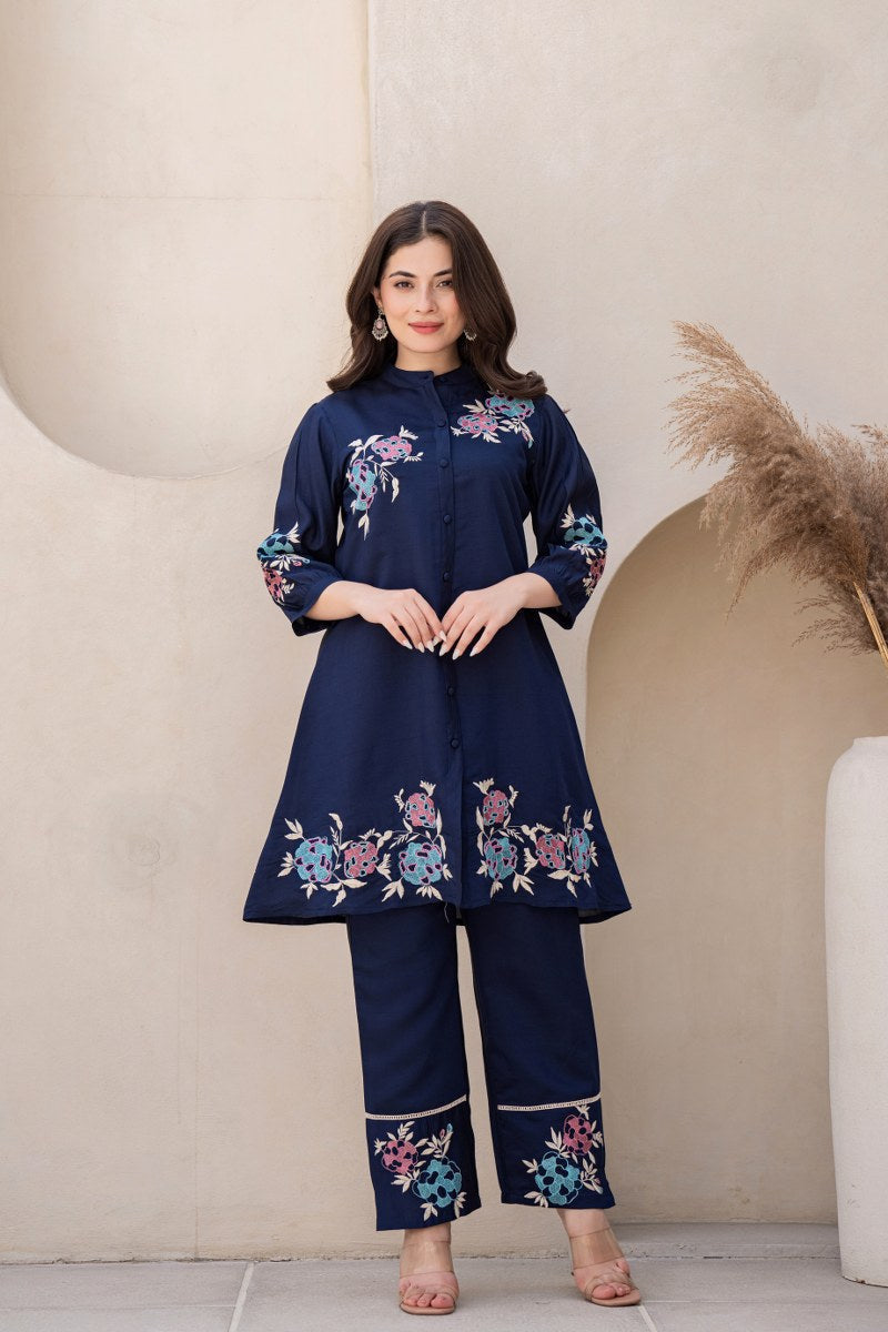 NAVY BLUE EMBROIDERED BAND COLLAR PURE SILK TOP WITH TROUSER