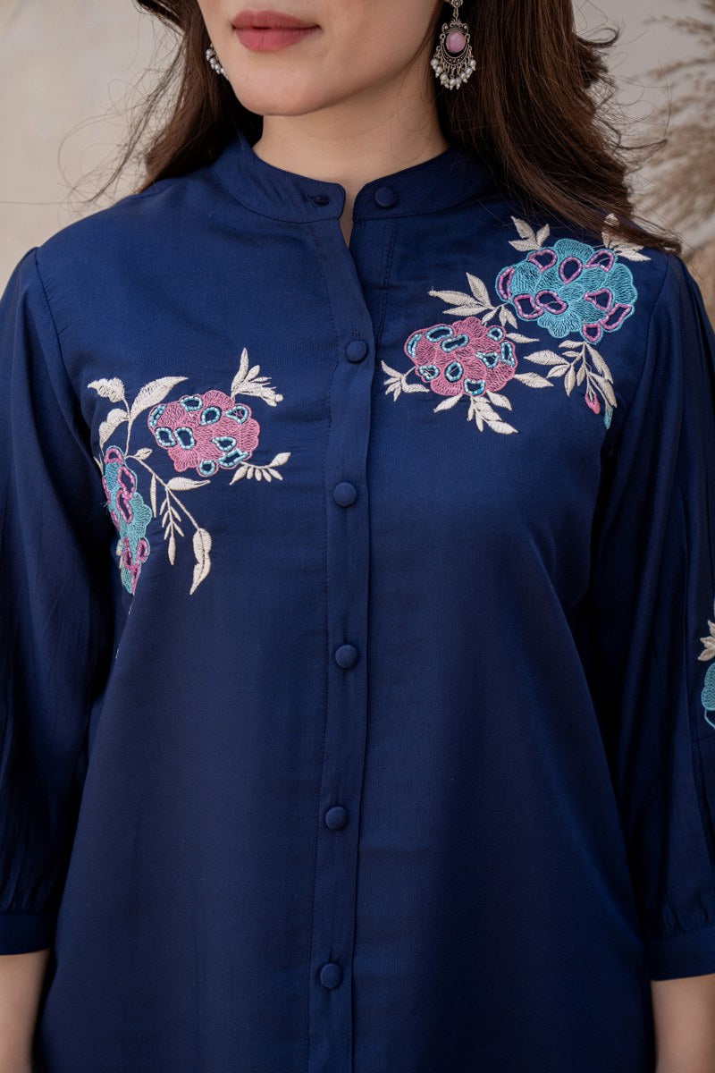 NAVY BLUE EMBROIDERED BAND COLLAR PURE SILK TOP WITH TROUSER