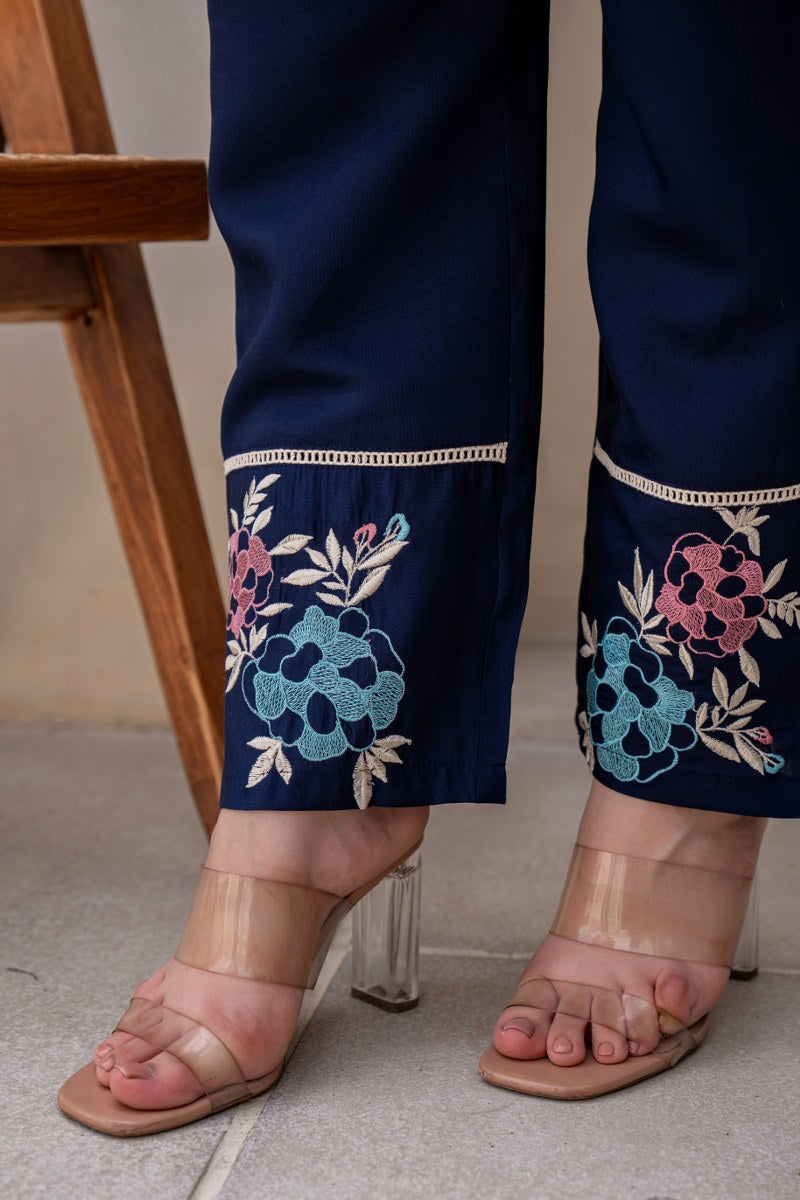 NAVY BLUE EMBROIDERED BAND COLLAR PURE SILK TOP WITH TROUSER