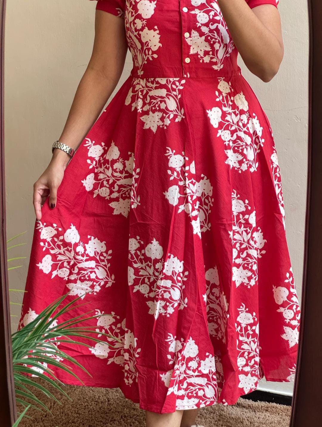 Pink Cotton Butta Printed Midi Dress With Puff Sleeves