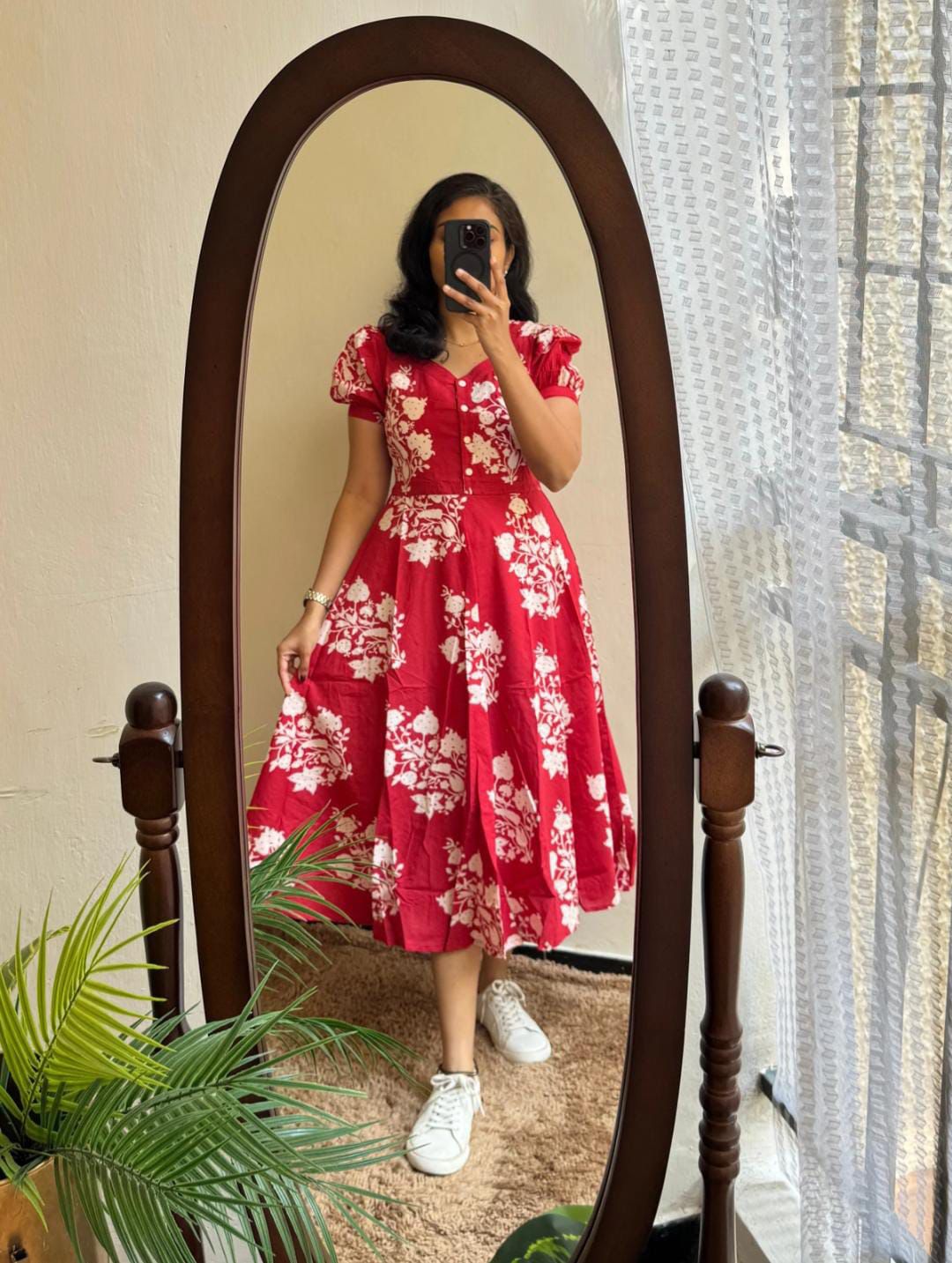 Pink Cotton Butta Printed Midi Dress With Puff Sleeves