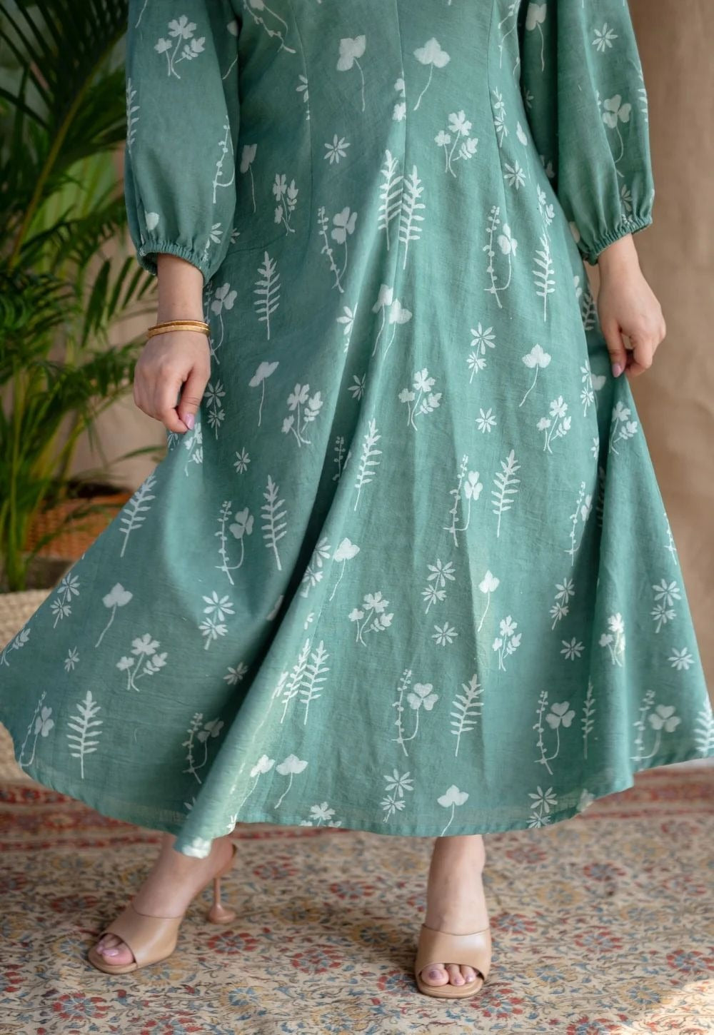 Sea Green Flower Printed Cotton Midi Dress With Puff Sleeves