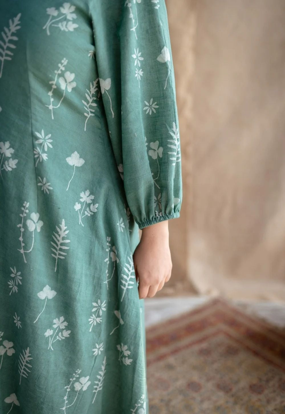 Sea Green Flower Printed Cotton Midi Dress With Puff Sleeves