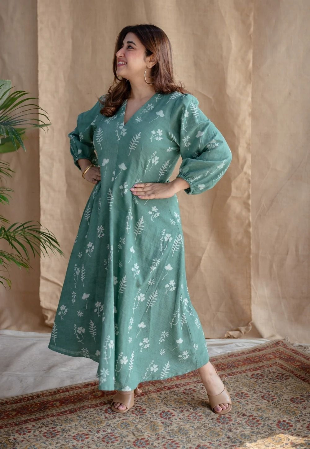 Sea Green Flower Printed Cotton Midi Dress With Puff Sleeves