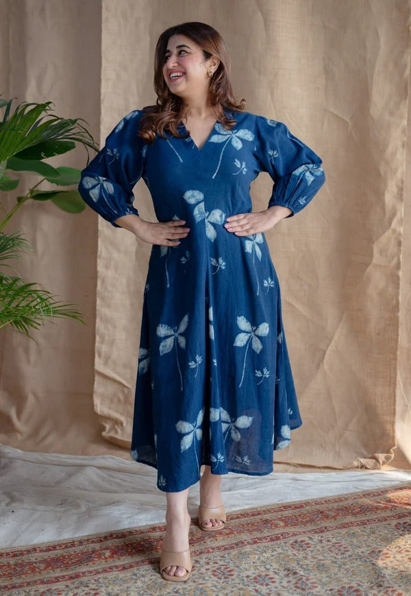 Blue Flower Printed Cotton Midi Dress With Puff Sleeves