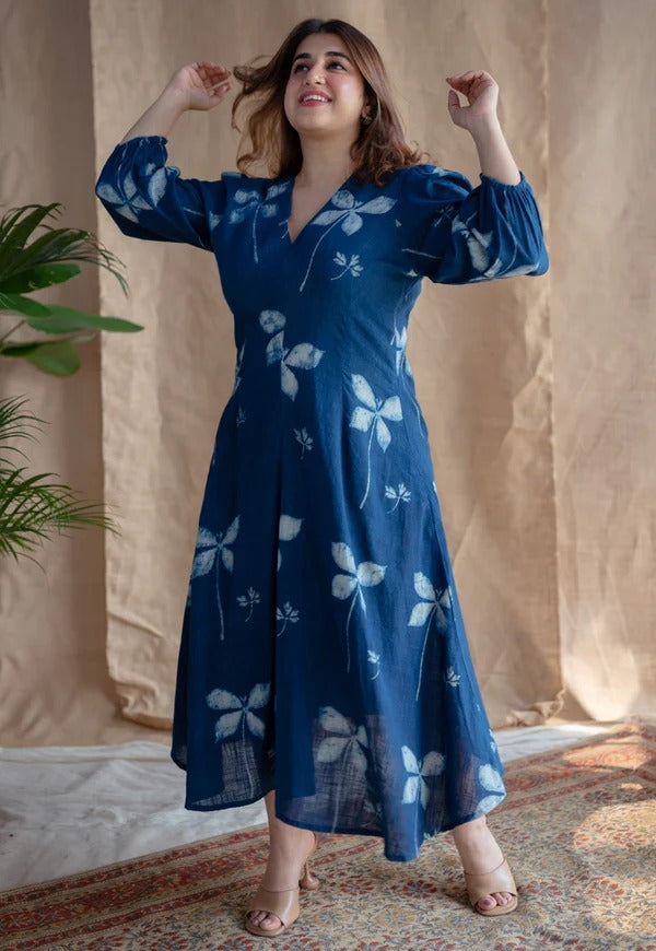 Blue Flower Printed Cotton Midi Dress With Puff Sleeves