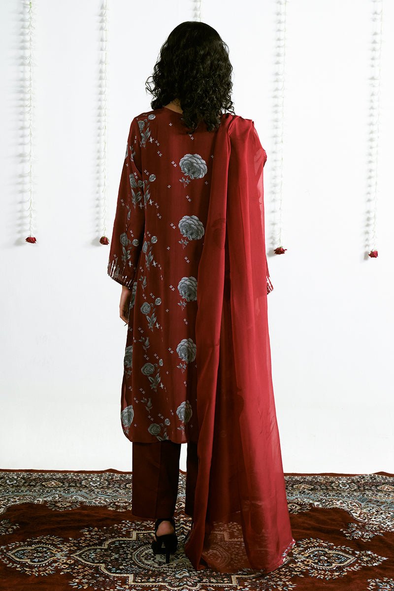 Viscose Crepe Printed Top With Embroidered Organza Dupatta Available In Black and Maroon