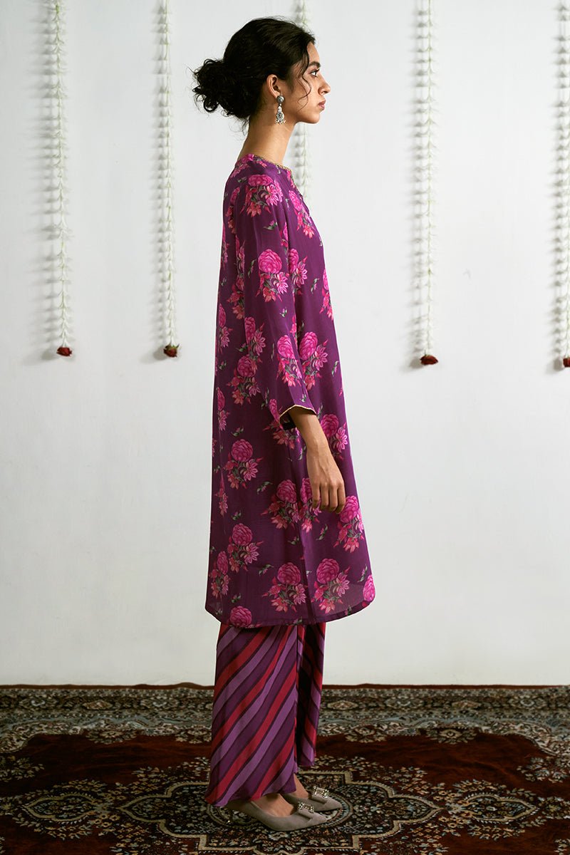 Magenta Viscose Crepe Printed Top With Organza Dupatta