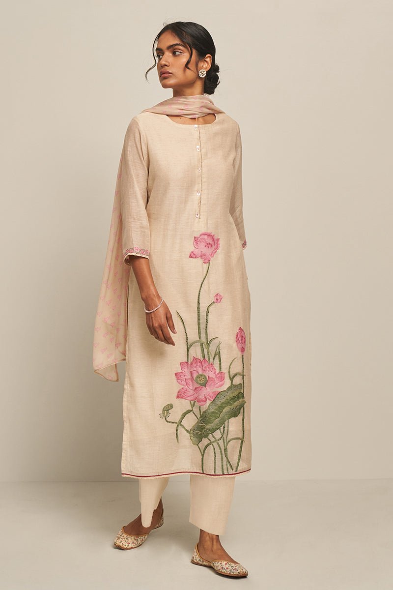 Parchment Beige Cotton Linen Woven Kurta With Lotus Printed Chiffon Dupatta