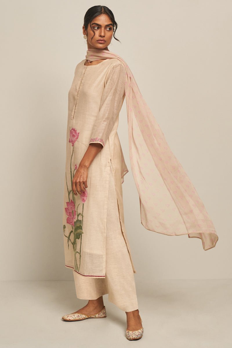 Parchment Beige Cotton Linen Woven Kurta With Lotus Printed Chiffon Dupatta