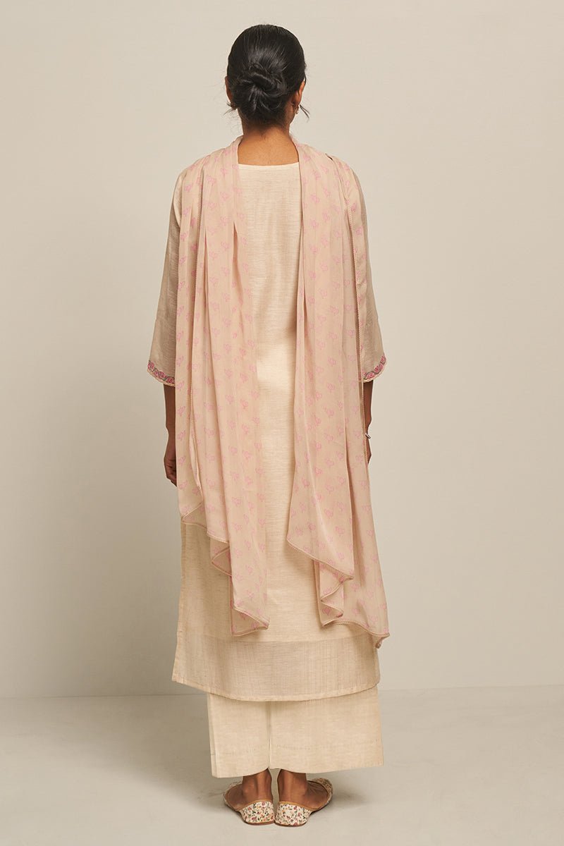 Parchment Beige Cotton Linen Woven Kurta With Lotus Printed Chiffon Dupatta