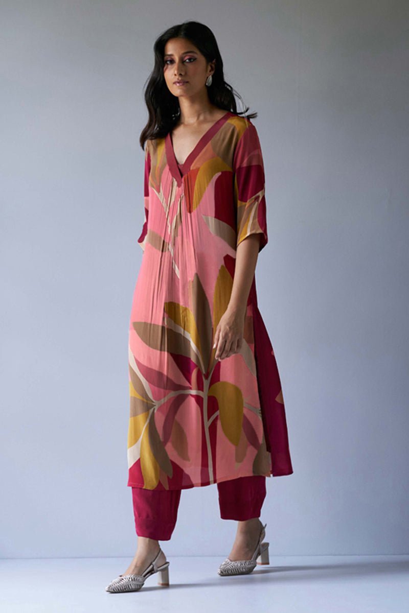 Maroon and Peach Crepe Silk Printed Co-ord Set